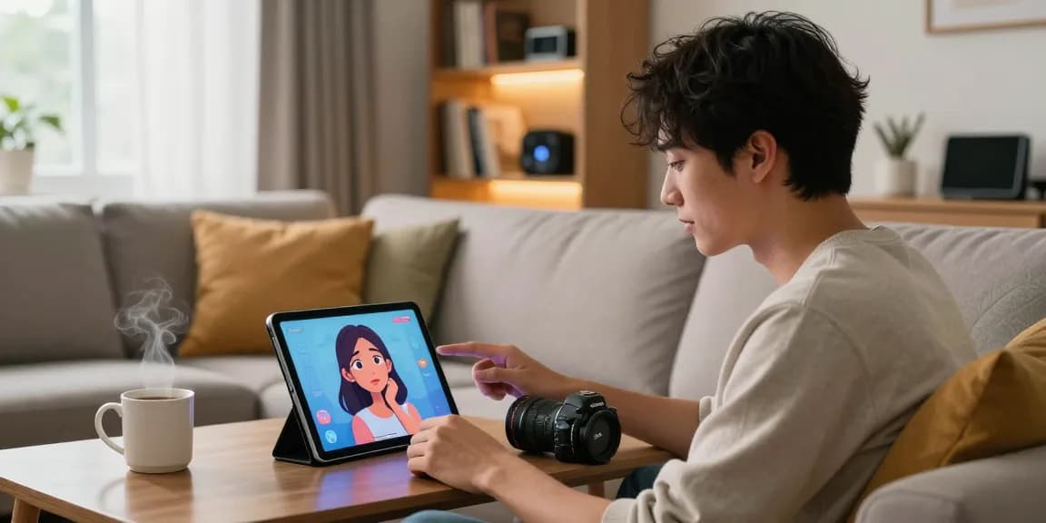 Young man chatting with his AI girlfriend on a tablet in a cozy living room, conveying emotional connection.