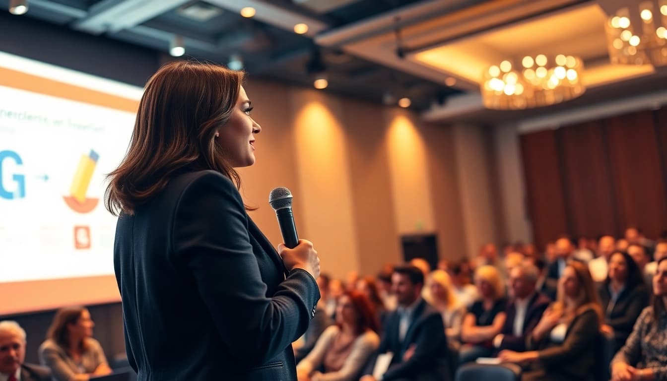 Attendee engaged in Public Speaking Training with a confident speaker, in a vibrant conference room.