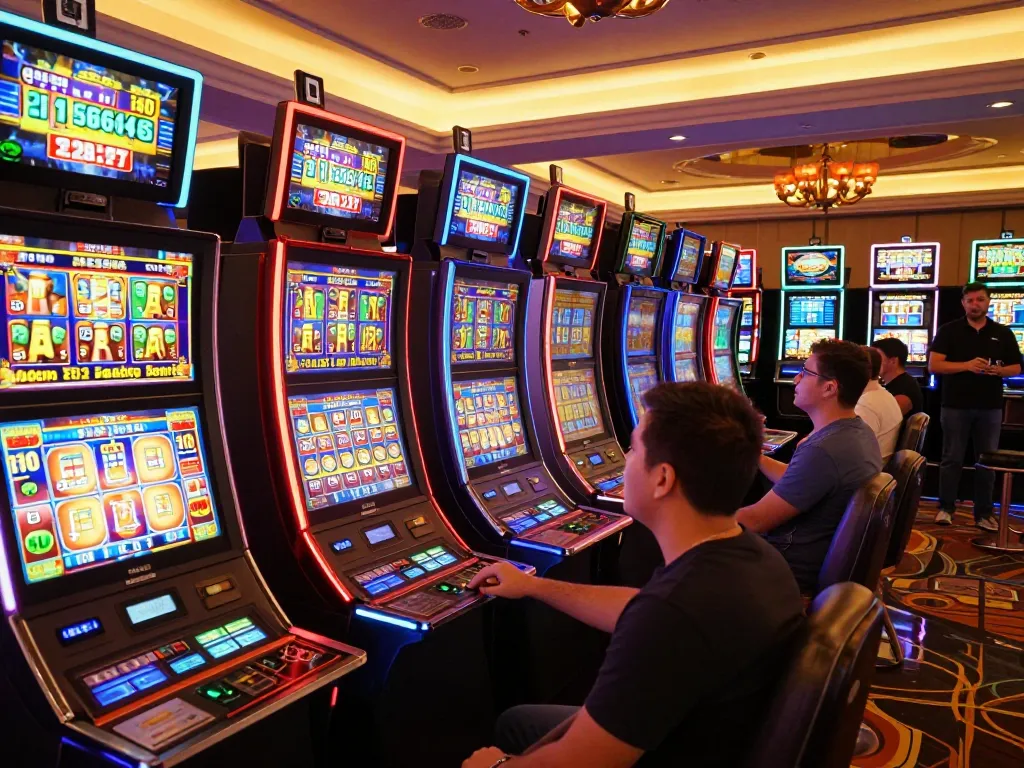 Players enjoying slots at https://uu88.agency/ casino, vibrant atmosphere with colorful displays and drinks being served