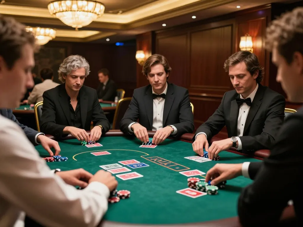 Players in a premium poker game at 92slot casino, showcasing intense gameplay and dynamic expressions.