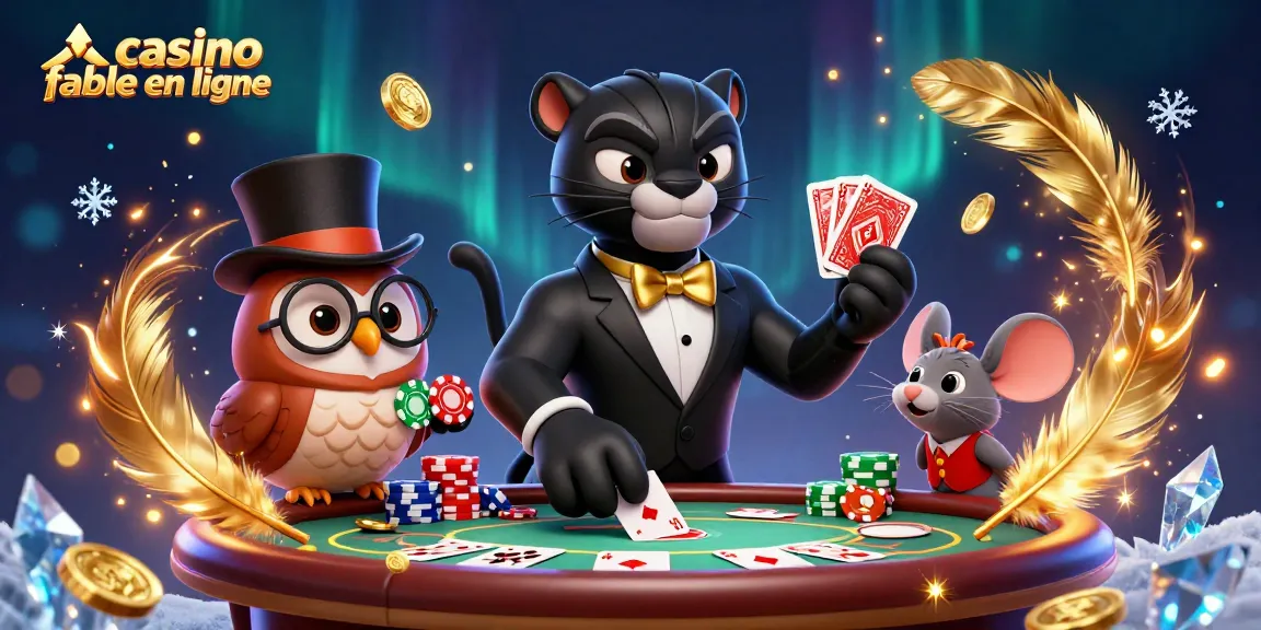 Illustration de casino fiable en ligne avec une panthère, une chouette et une souris, entourés de jetons et de cartes.