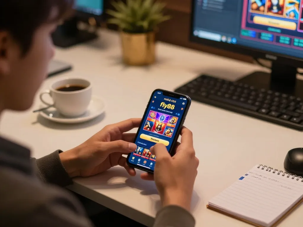 Engaging in the nhà cái fly88 online casino game on smartphone in a cozy modern setup