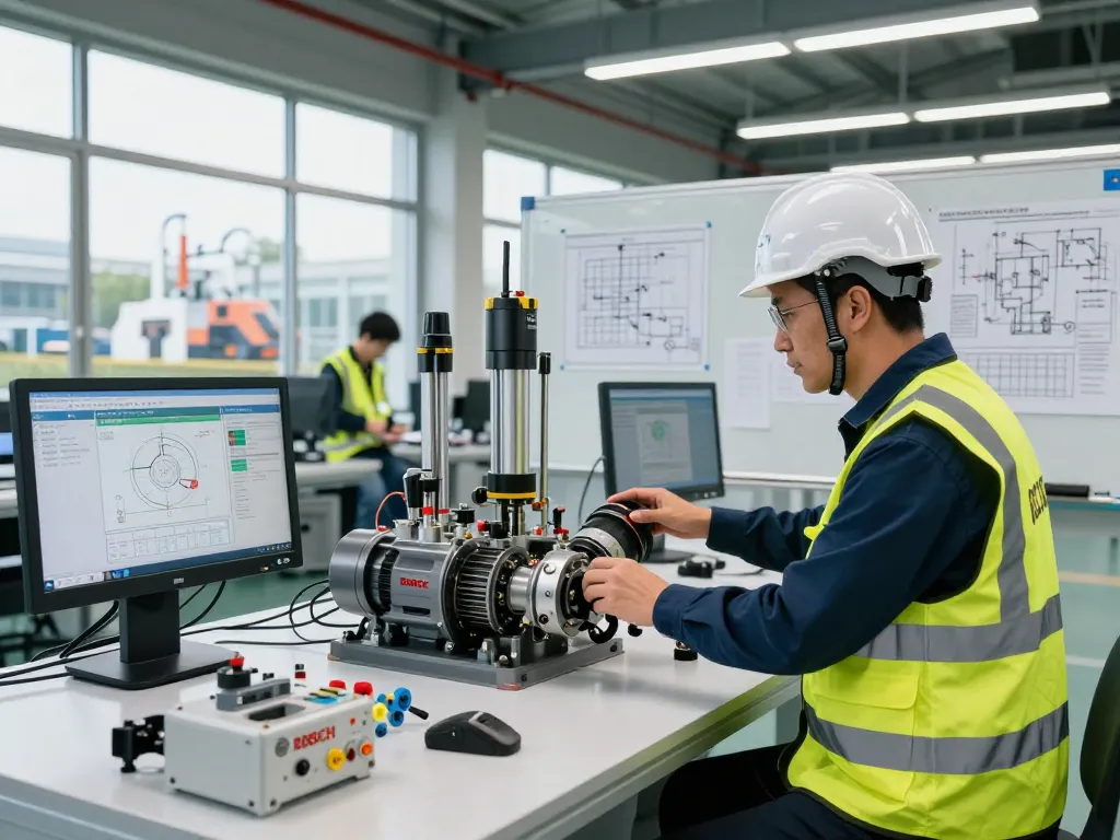 Engineer analyzing Bosch Rexroth hydraulic systems in a modern manufacturing facility