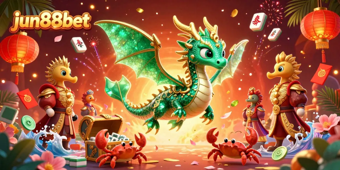 Experience thrilling casino adventures with jun88bet in a vibrant 3D illustration featuring a magical sea dragon and festive elements.