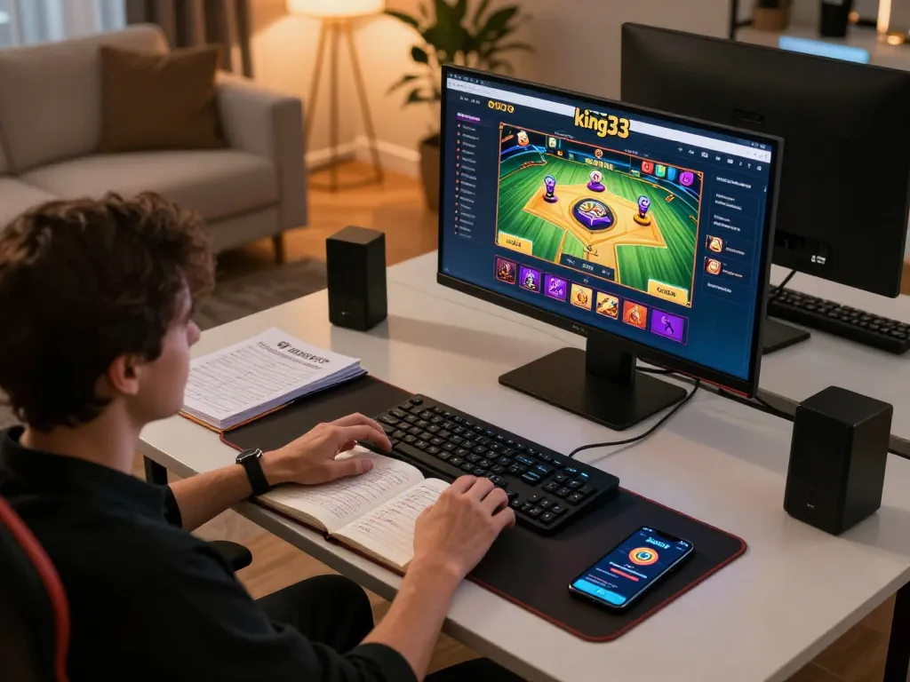 Player engaging with king33 casino games on a stylish desktop setup, showcasing an exciting online gambling experience.
