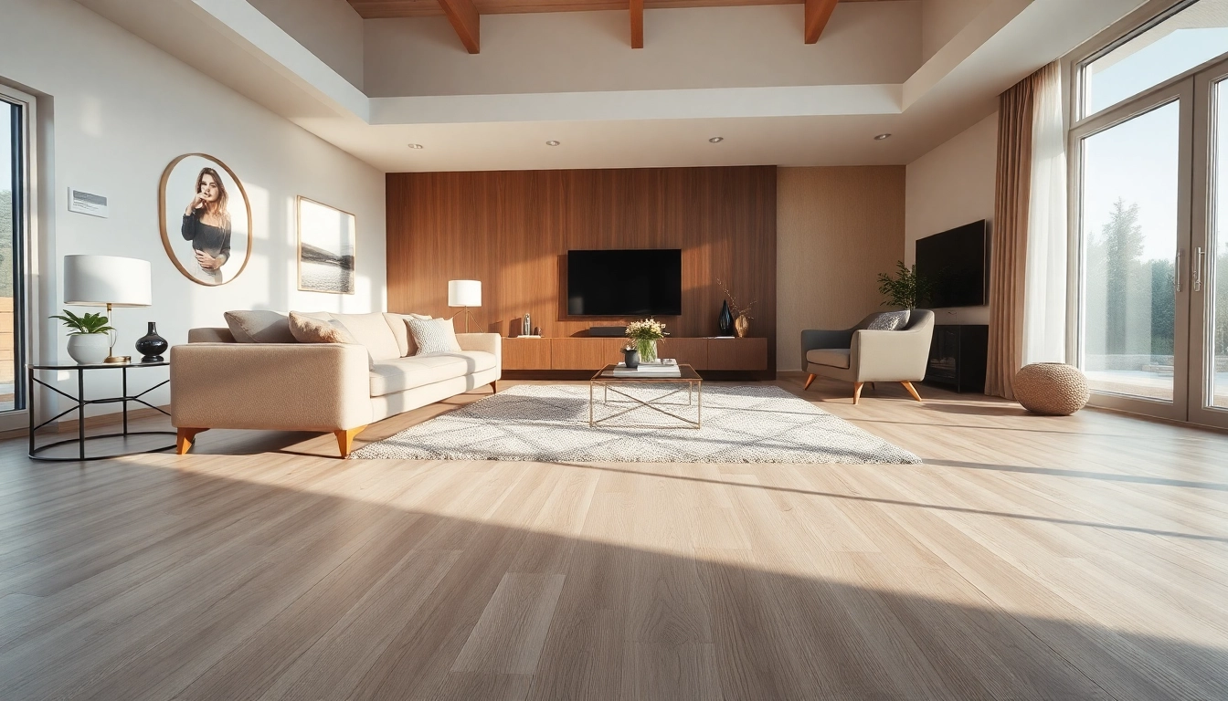 Elegant modern living room showcasing vinyl flooring, stylish furniture, and warm lighting.