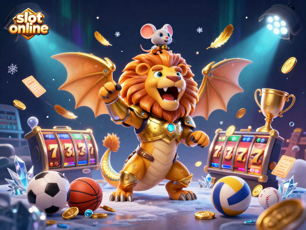 Engage in thrilling slot online adventures with a mystical chimera and vibrant game elements surrounded by sparkling treasures.