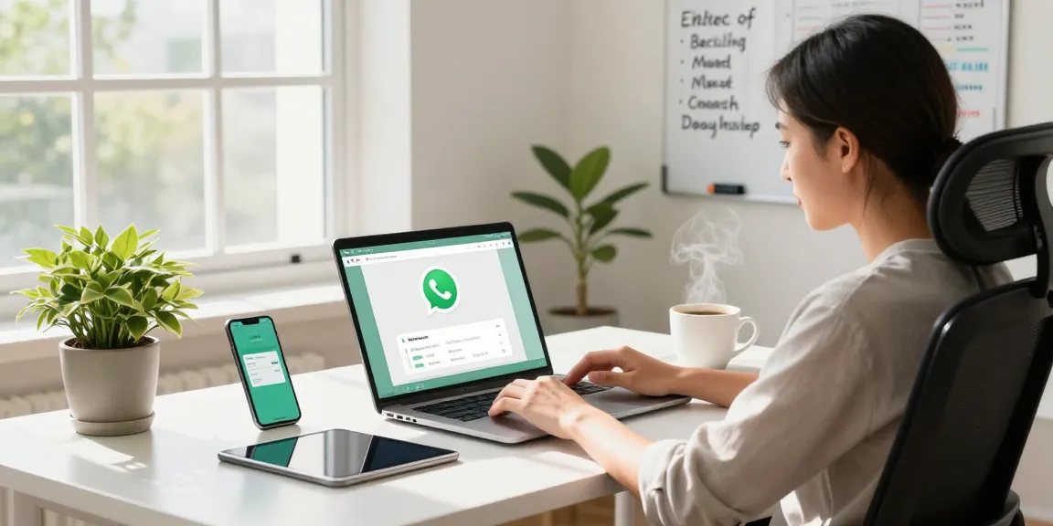 Seamless workspace using WhatsApp電腦版 on a laptop with tech gadgets and a vibrant atmosphere.