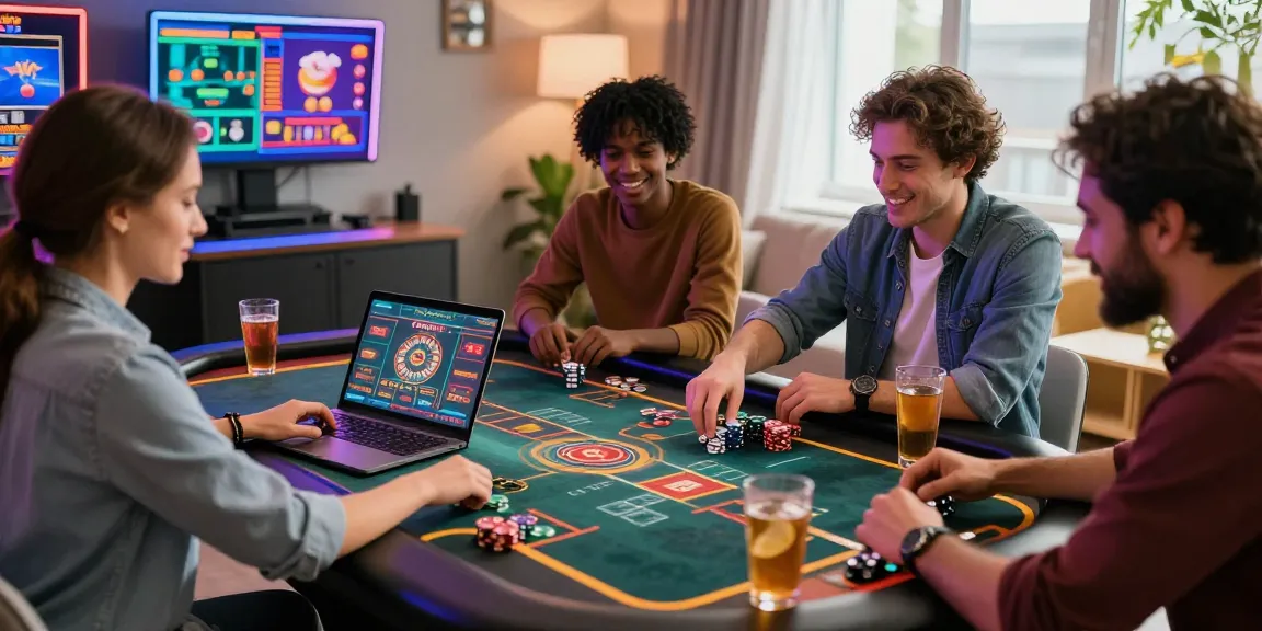 Groupe d'amis profitant des jeux de bonus casino en ligne dans une ambiance animée avec des lumières au néon.