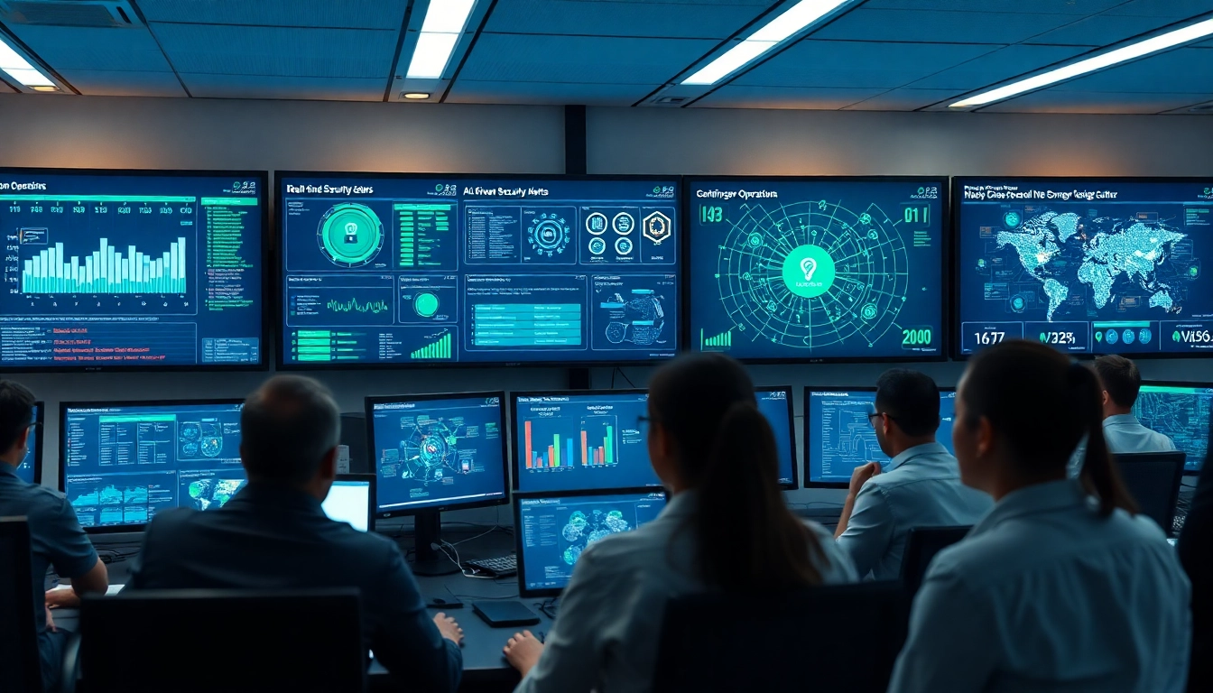 Cybersecurity AI professionals analyzing real-time data in a modern operations center.