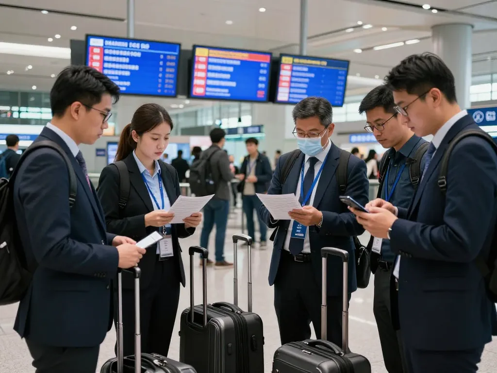 Travelers discussing safety protocols during a Global Security Alert at the airport.