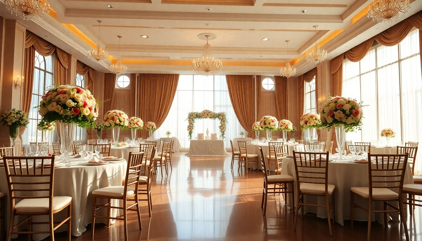 Hochzeitssaal festlich dekoriert mit eleganten Tischarrangements und Blumendekoration.