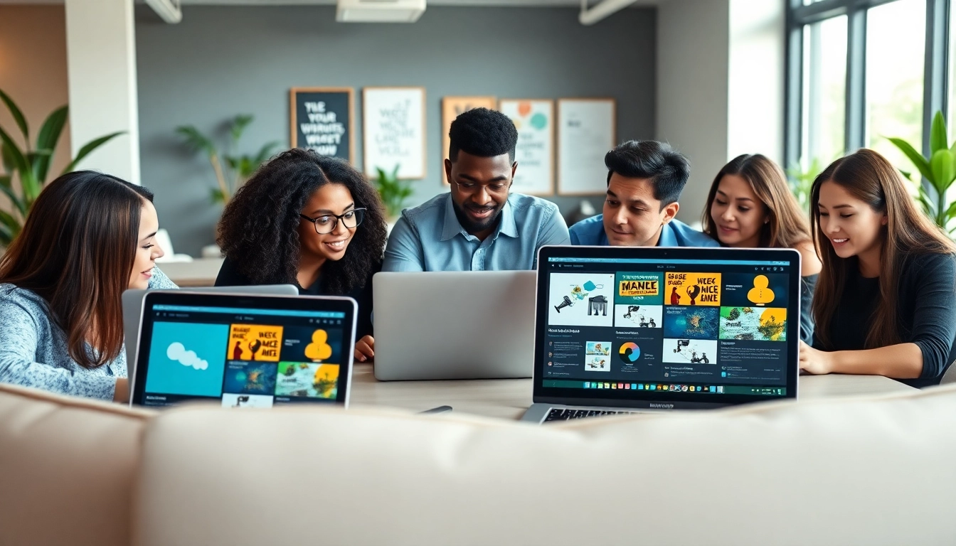 Dynamic team at a web design company brainstorms innovative solutions, emphasizing collaboration.