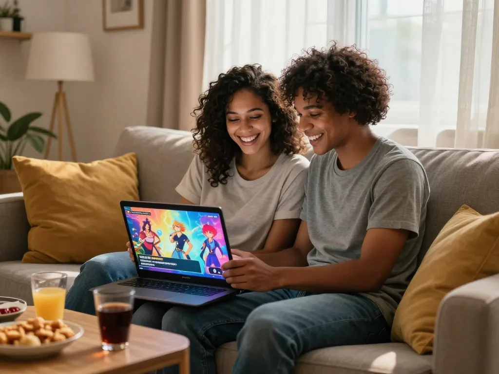 Couple enjoying free sex games on a laptop in a cozy living room.