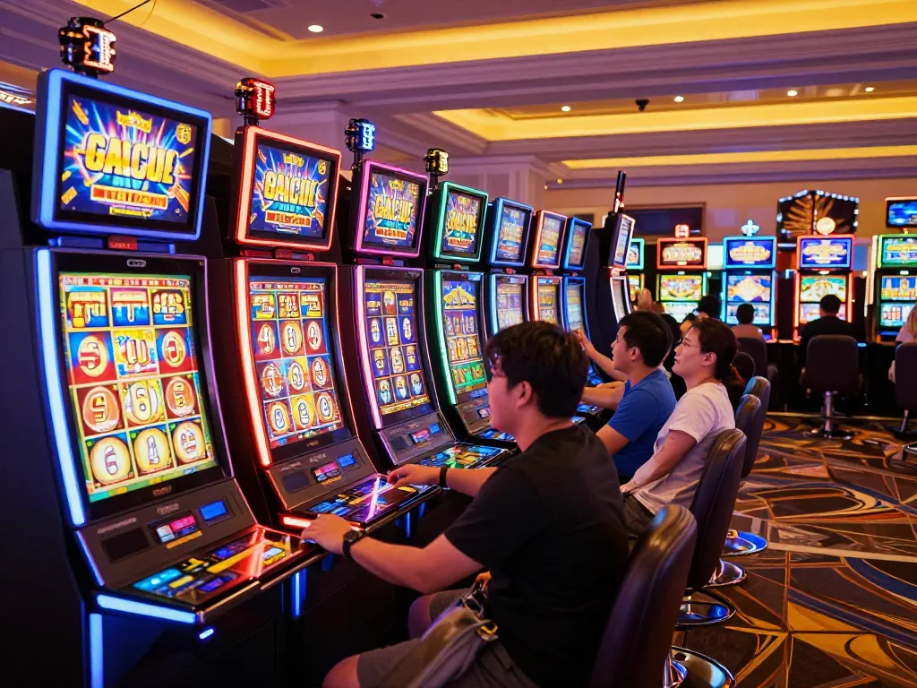 Players enjoying slot gacor games amid colorful machines and neon lights in a Vegas casino.