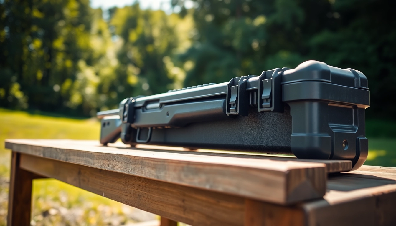 Showcasing the pelican rifle case with rugged design on a shooting range table under natural sunlight.