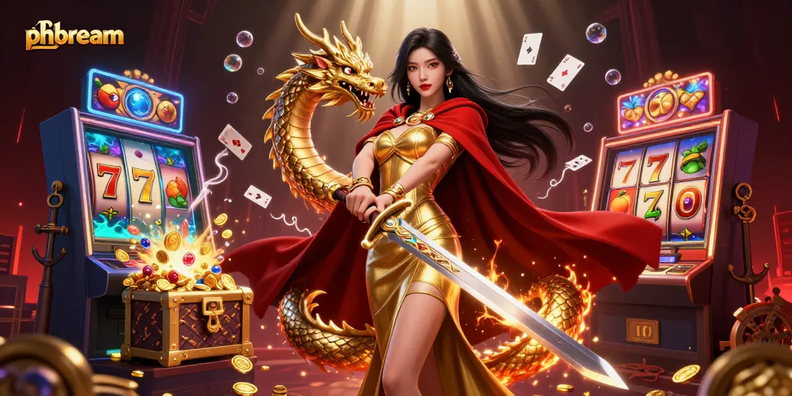 Experience thrilling gameplay with phdream, featuring an Asian warrior queen amidst dazzling casino elements.