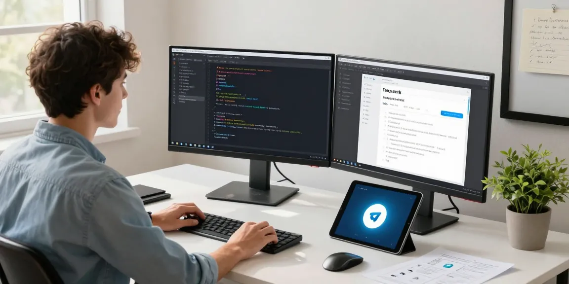 Developer optimizing Telegram中文版 app on dual monitors in a modern workspace.