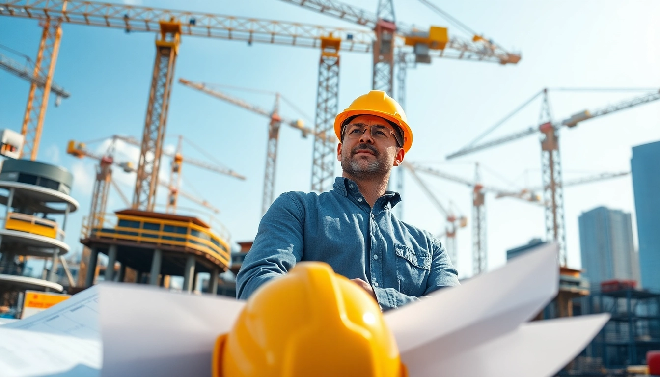 Manhattan Construction Manager directing activities on site with blueprints and equipment.