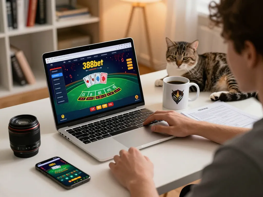 Engaging in online blackjack at 388bet with laptop and strategy notes in cozy home setting
