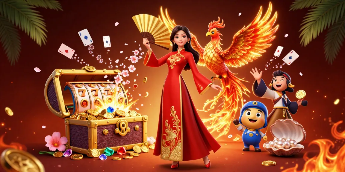 Win678's vibrant scene showcases thrilling slot games with a graceful dancer and a flaming phoenix.