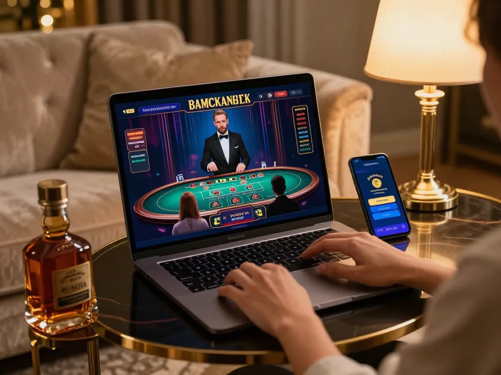 Engaged player enjoying an online baccarat사이트 game in a luxurious home setting with live dealer.