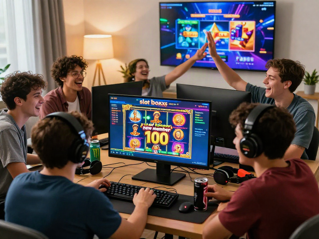 Friends celebrating a win in an online casino with slot bonus new member 100 displayed on the screen.