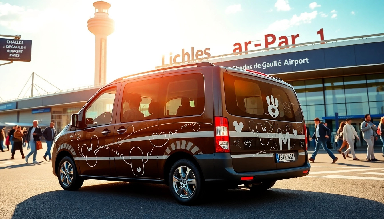 Efficient Disneyland Paris airport transfer services showcasing a luxurious minivan at Charles de Gaulle Airport.