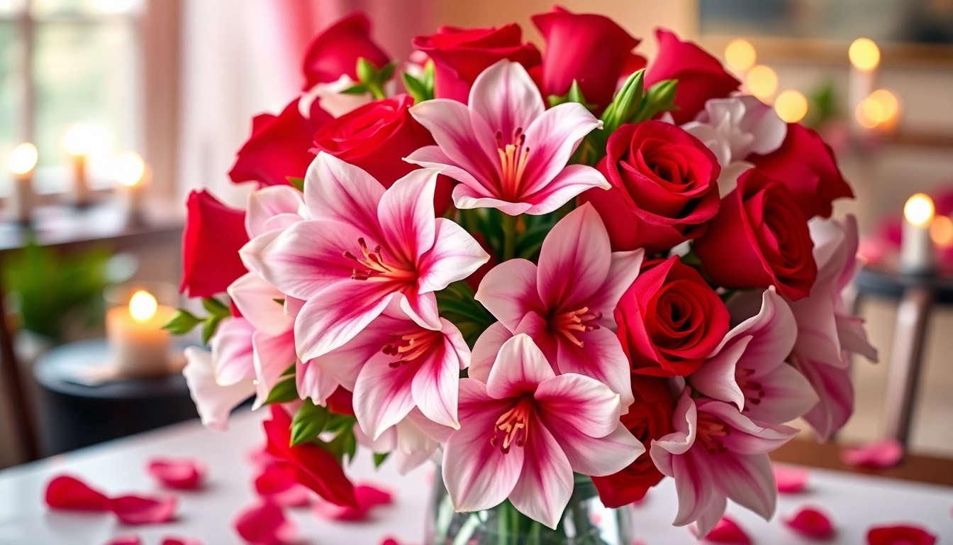 Admire Valentine's flowers beautifully arranged with romantic tones and soft lighting.