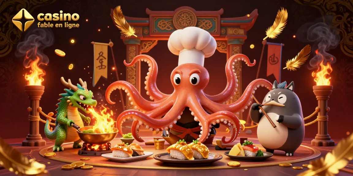 Plongez dans l'univers d'un casino fiable en ligne avec un chef pieuvre et un dragon dans un décor flamboyant.