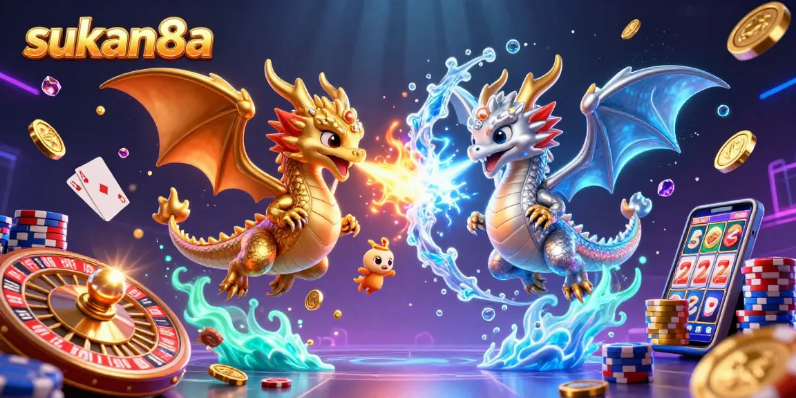 Sukan8a showcases a captivating 3D casino scene with dual dragons and vibrant gambling elements.