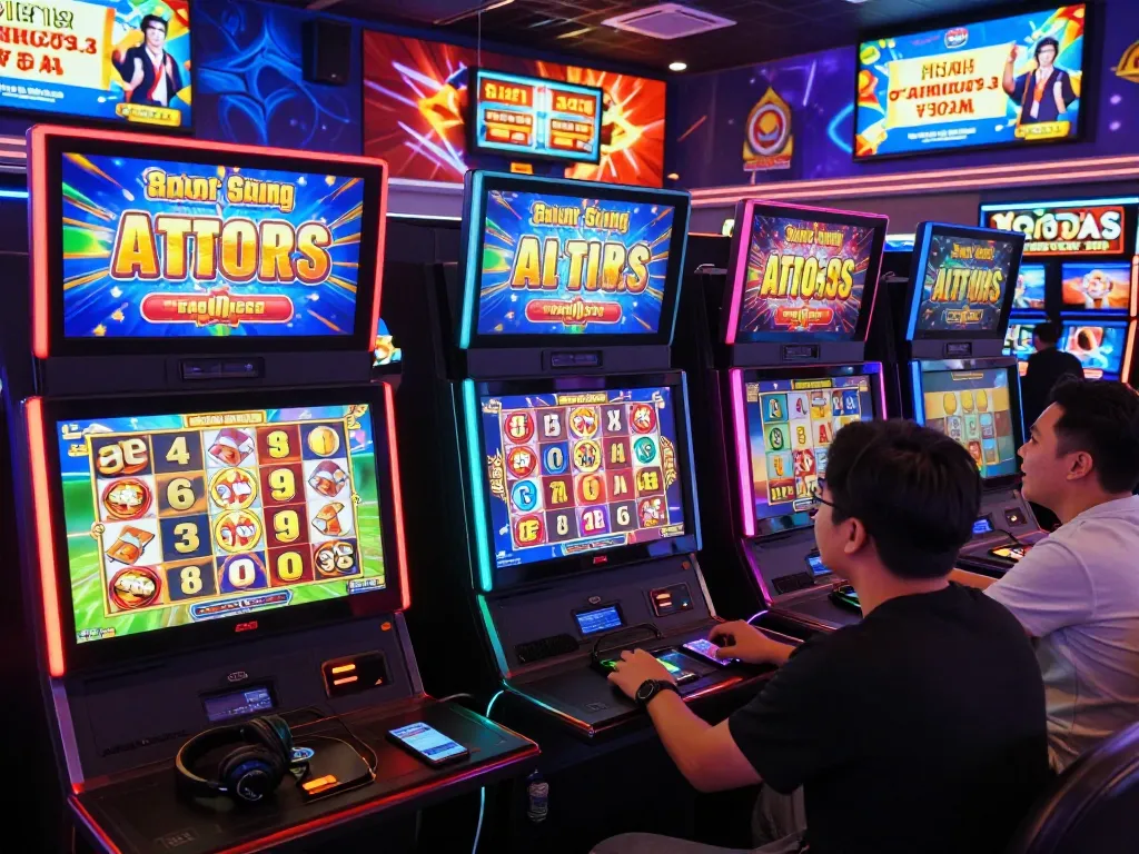 Suasana permainan yang menarik menampilkan pemain yang menikmati situs slot gacor dengan mesin slot berwarna-warni dan atmosfer yang dinamis.