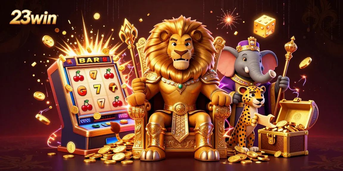 Experience the thrill at 23win with a vibrant 3D casino scene showcasing games and jackpots.