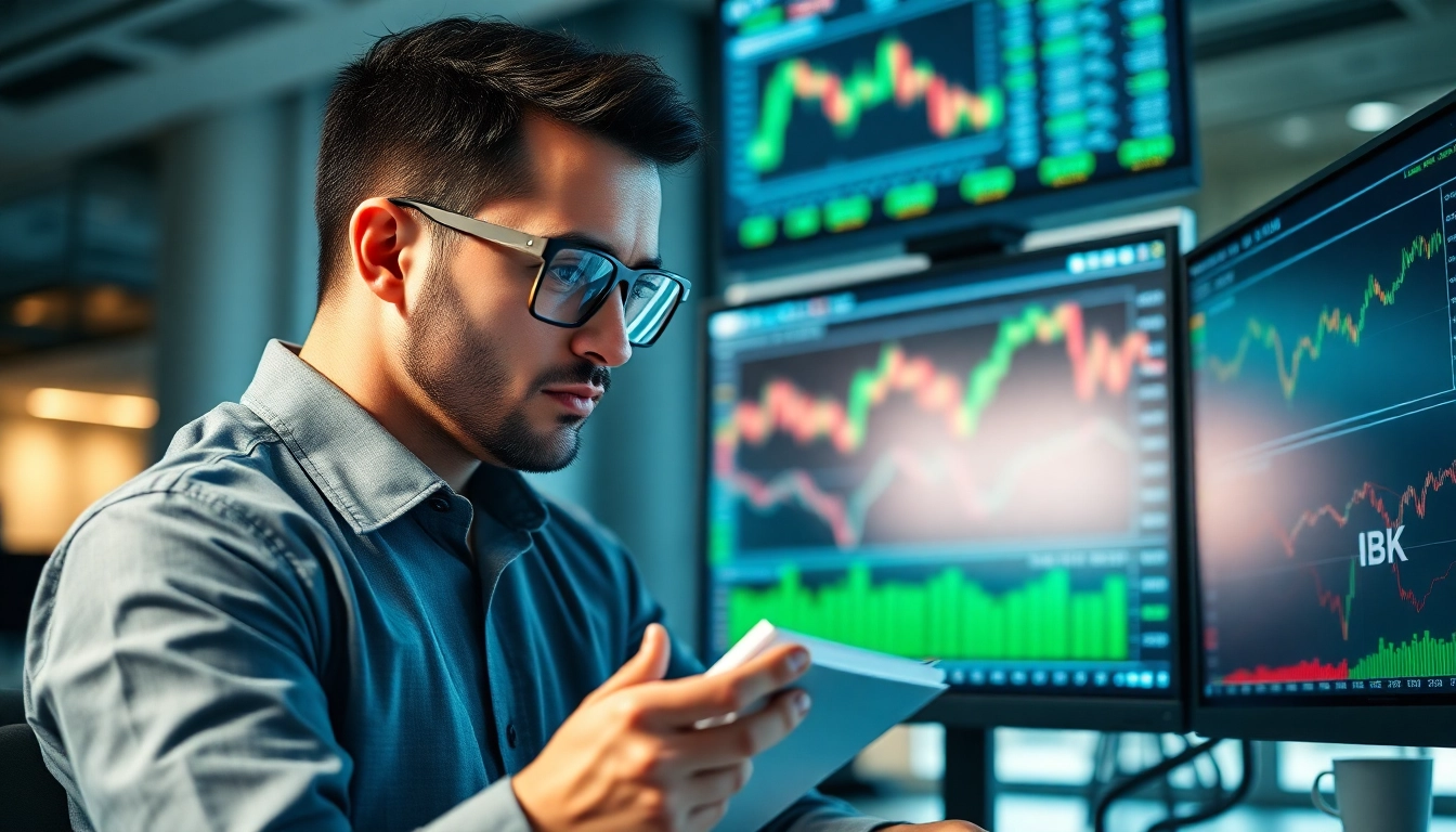 Analyze the current IBKR stock price in a dynamic trading environment featuring monitors and charts.