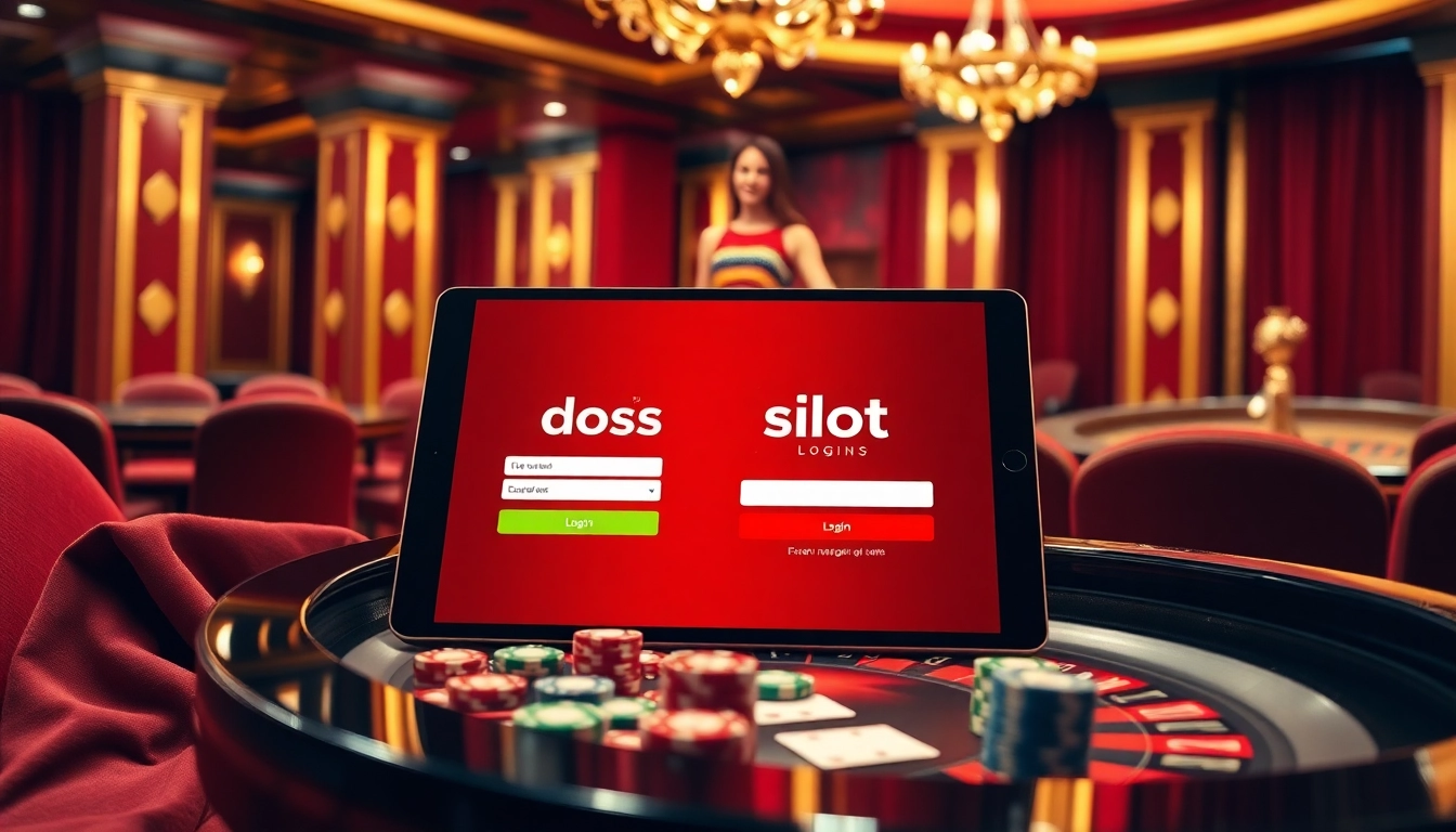 Engaging casino scene featuring doaslot login interface with roulette wheel and poker table.
