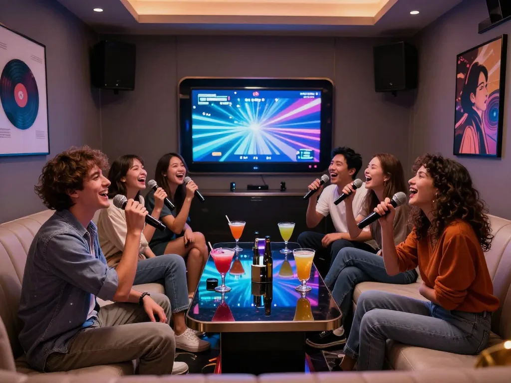 무제한 음료와 노래를 즐기는 친구들이 있는 KTV 방의 활기찬 분위기