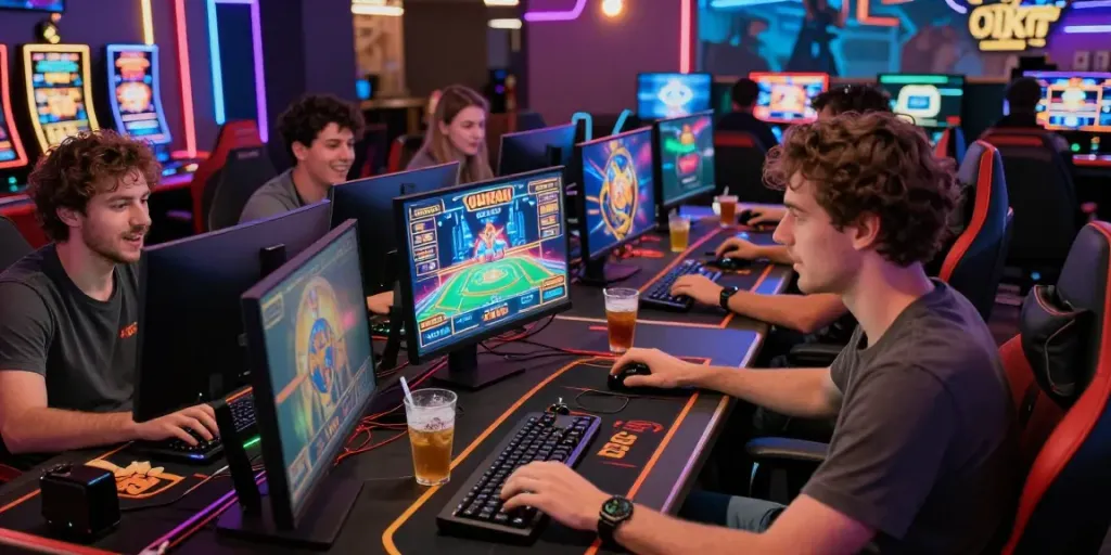 DJARUMBOS gaming scene with friends enjoying online casino games in vibrant atmosphere.