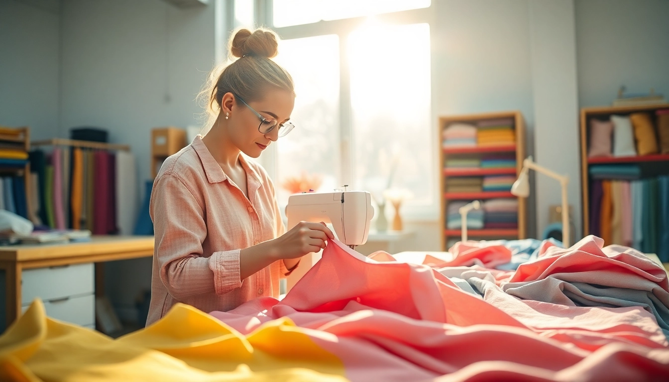 Stoffen voor kleding maken met een naaister bezig in een kleurrijke atelier.