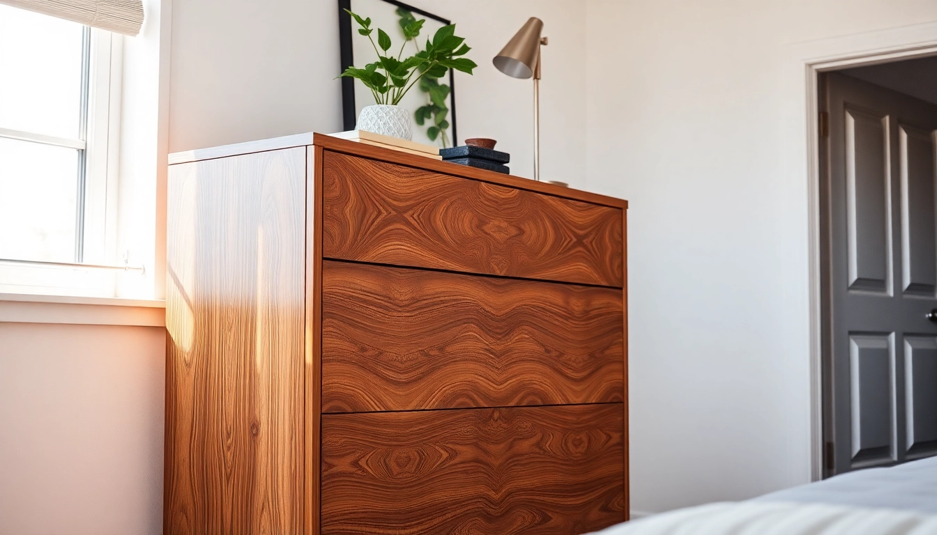 Elegant chest of drawers highlighted in a modern bedroom setting.