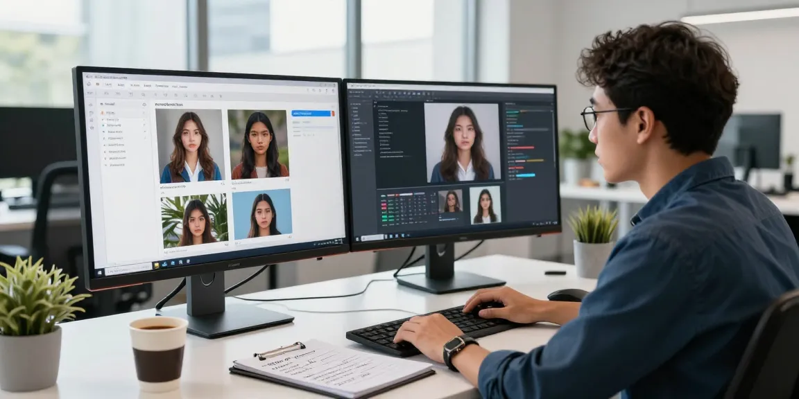 Data scientist using ai image checker to analyze AI-generated images in a modern office.