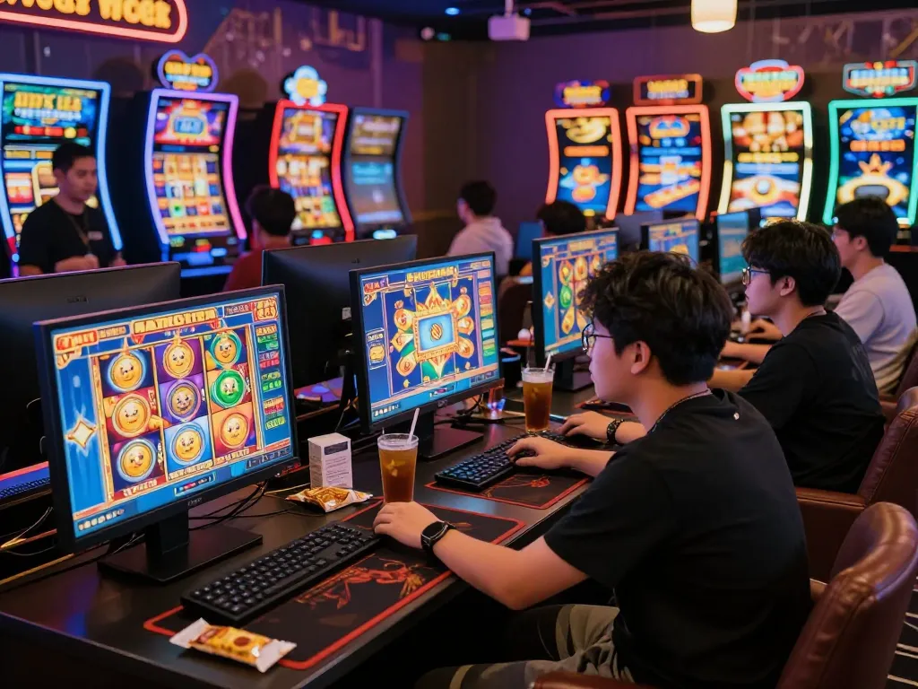 Exciting gambling atmosphere with players enjoying link gacor slot games in a vibrant gaming lounge.