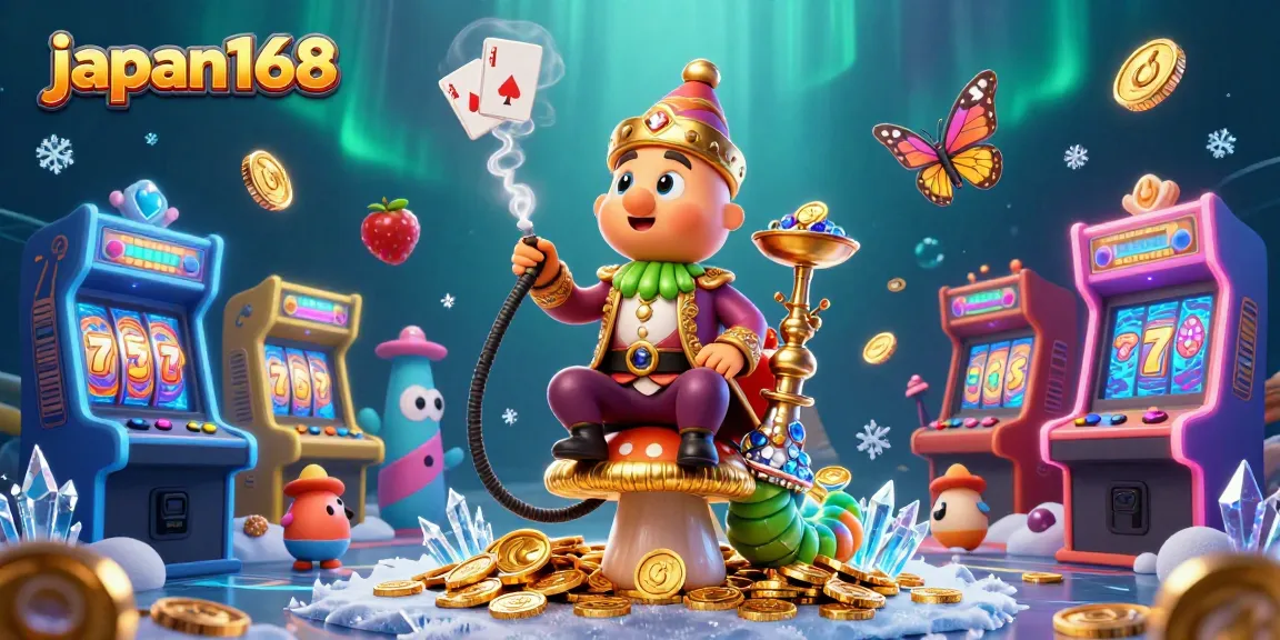 Experience thrilling moments with japan168 in this vibrant 3D casino illustration featuring a caterpillar and gaming elements.