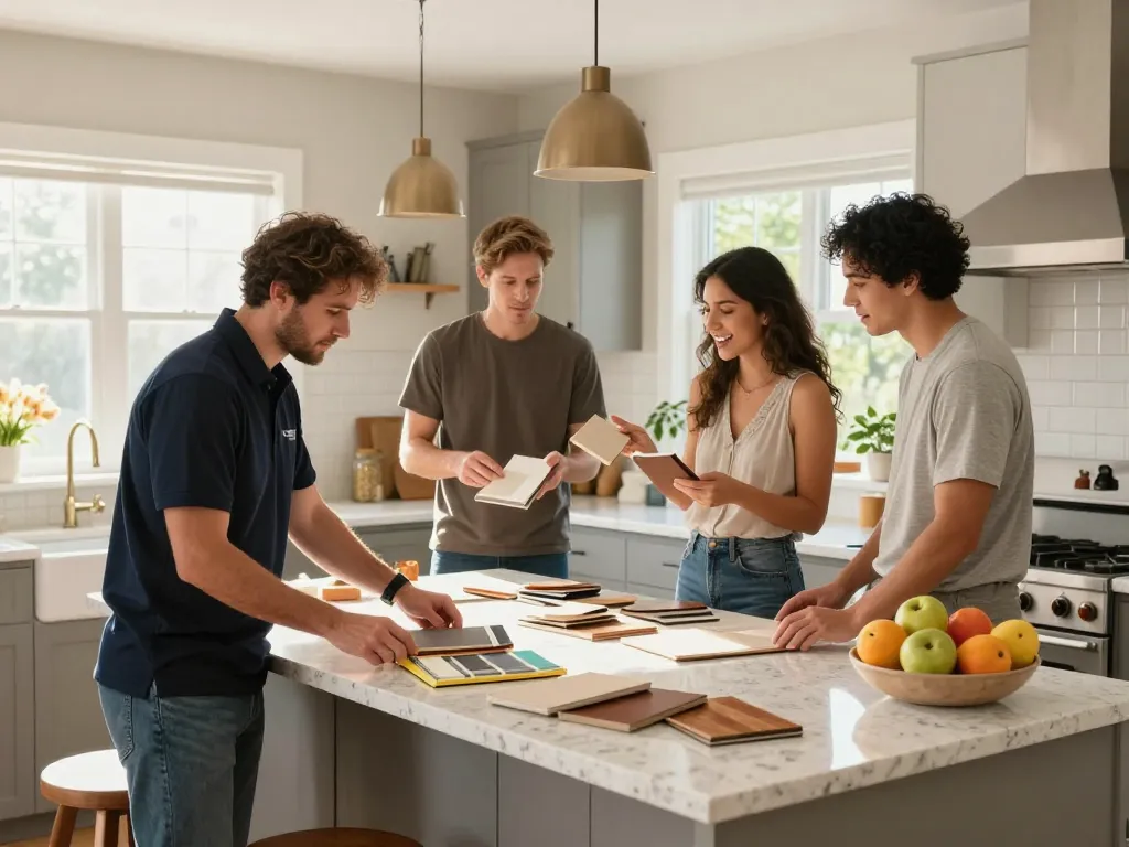 Kitchen remodelers reviewing designs with homeowners in a bright, modern kitchen.