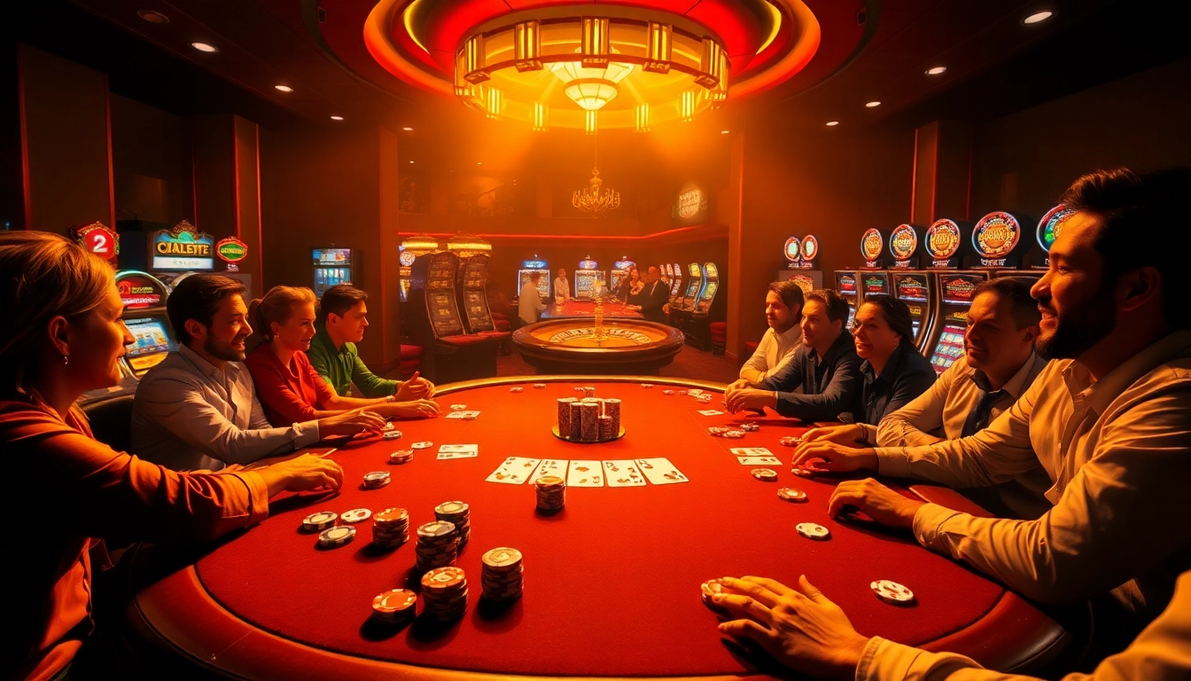 Players enjoy a thrilling poker game at kjc's lavish casino table, surrounded by bright poker chips and luxury ambiance.