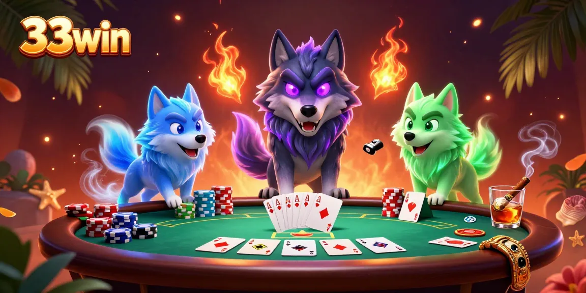 33win players enjoy thrilling poker experiences with vibrant 3D cartoon wolves and casino elements