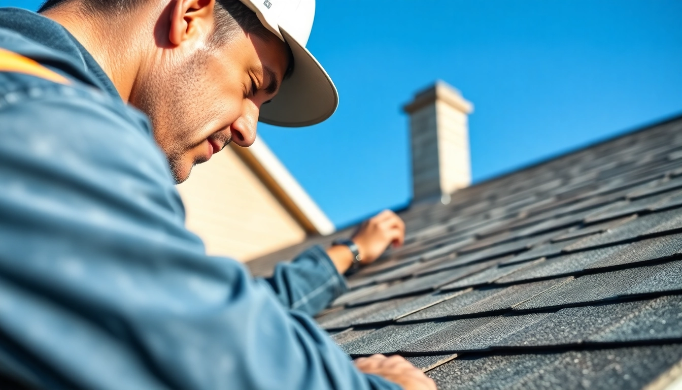 Roof repair by a professional contractor inspecting shingles on a residential home.