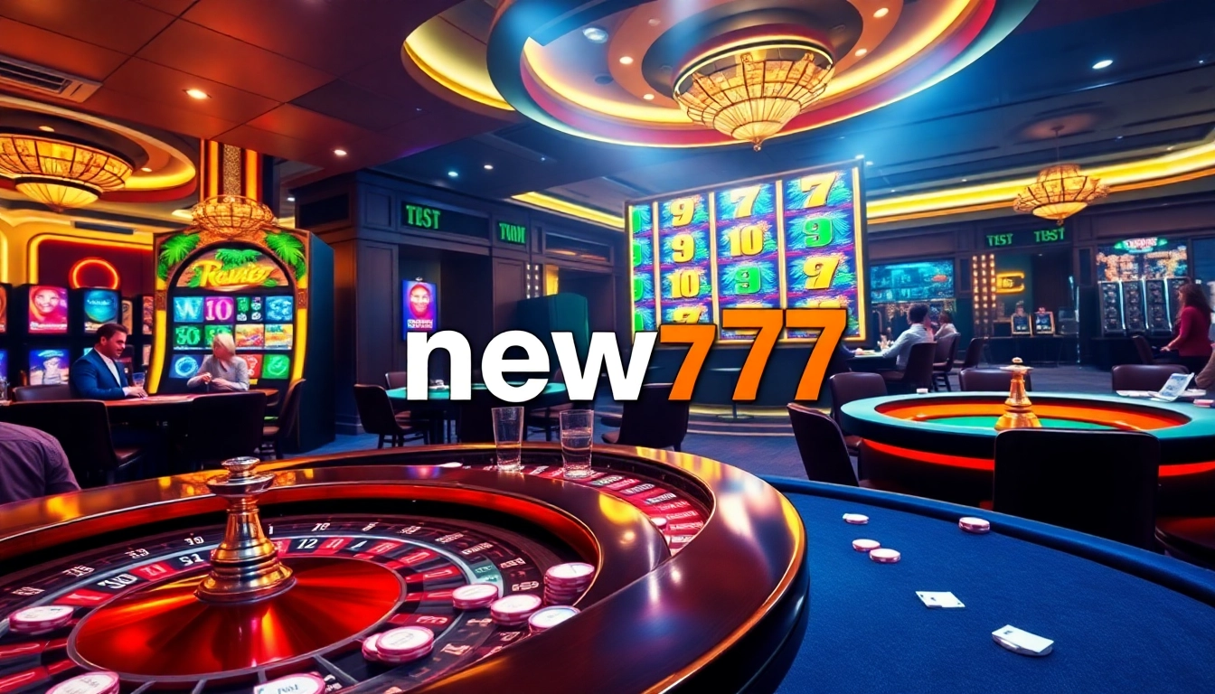New77 casino scene with vibrant slot machines, poker tables, and excited players in action.