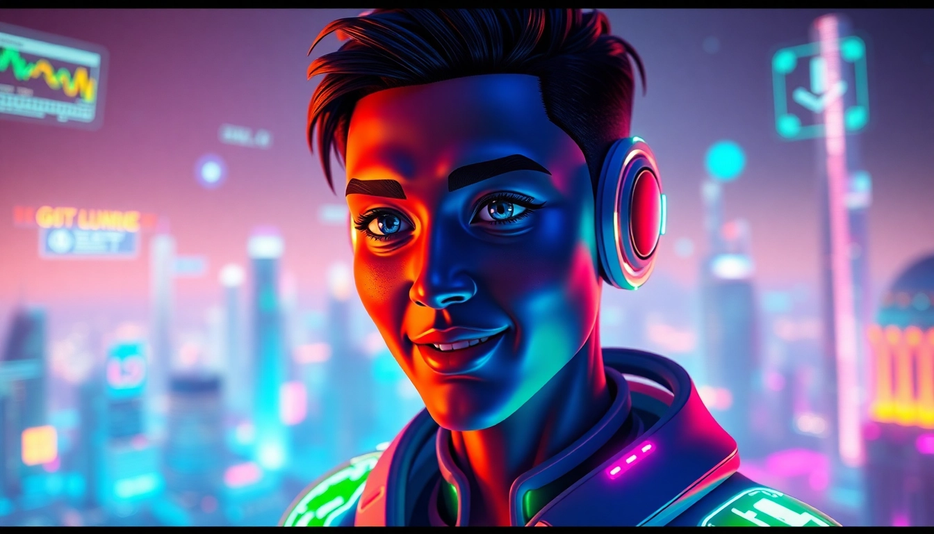 Engage with a dynamic live avatar in an interactive digital landscape celebrating creativity.