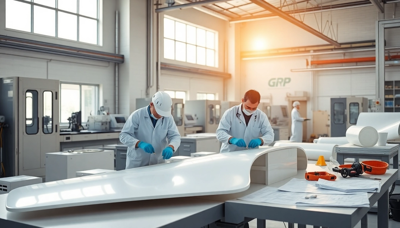GRP Manufacturer workspace showcasing technicians preparing advanced composite materials.