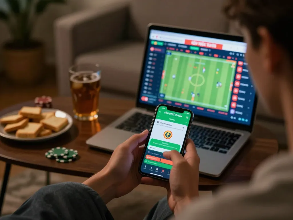 KÈO TRỰC TUYẾN betting interface on smartphone displaying live sports odds and match updates in a cozy home setting.